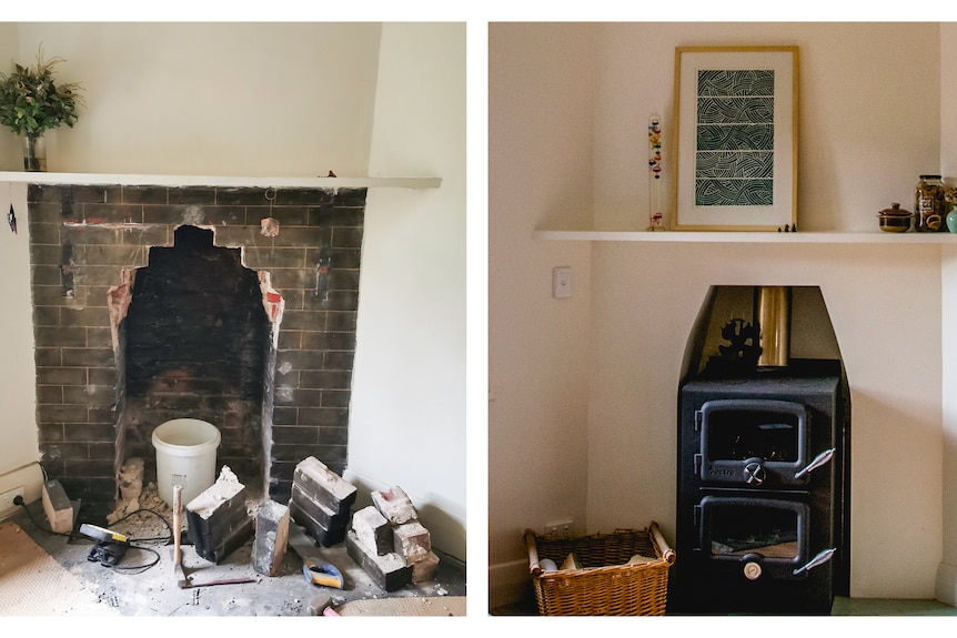 The before and after of Koren's fireplace: the before has broken black bricks, the after has a black wood burner and fresh paint