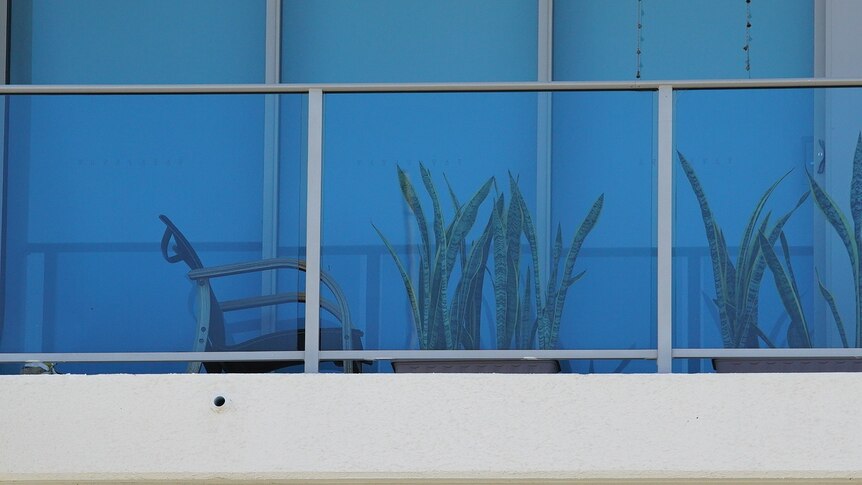 A close up of an apartment veranda, with a seat and pot plants.