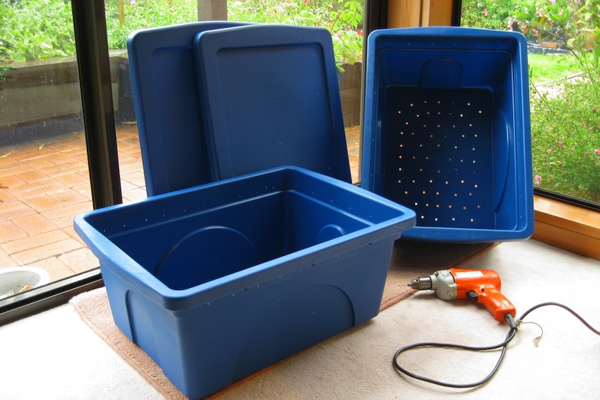 Three empty blue plastic buckets to make a worm farm with