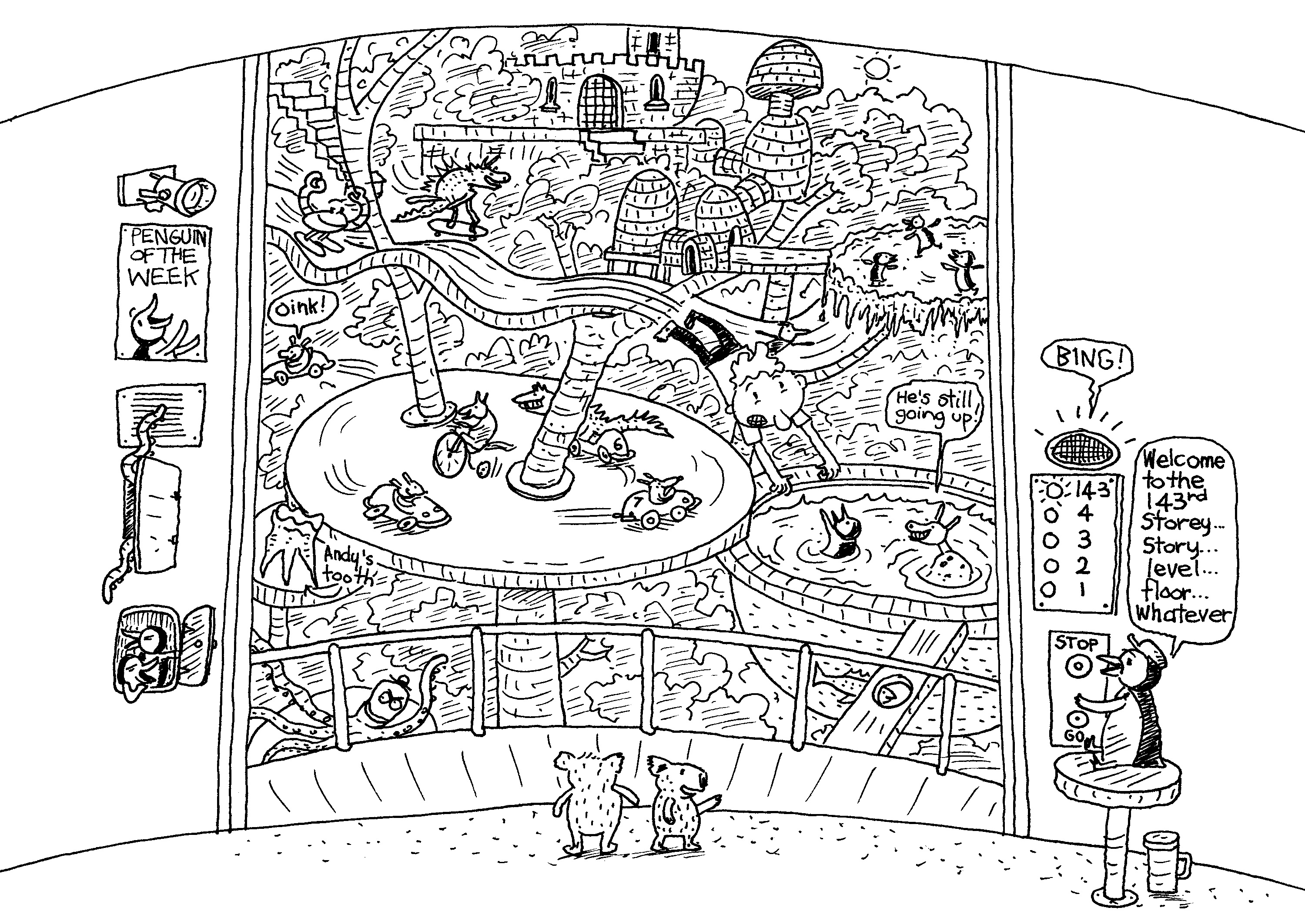 An elaborate black and white illustration of a treehouse filled with penguins, koalas and other animals running around