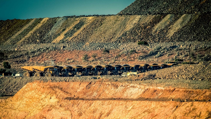 A huge fleet of giant trucks lined up in a massive mine.