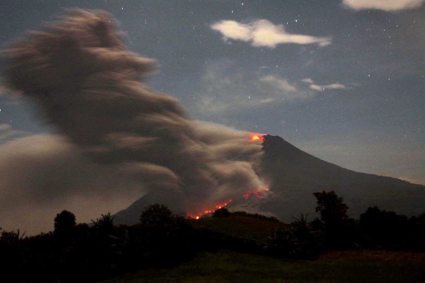 Mount Sinabung spews volcanic ash and lava near Karo, North Sumatra.