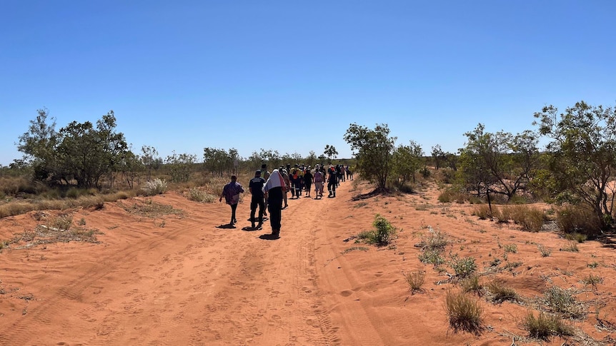 A group of people walks down a rough dirt track looking for a missing man in a remote part of WA.