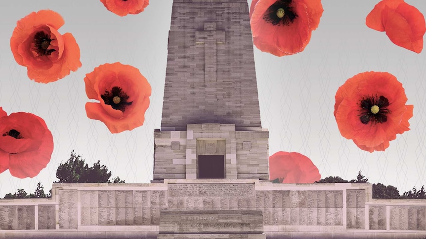 Lone Pine Memorial. A tapering, 14m high, stone block with a raised stone cross on the front face. Poppies in background.