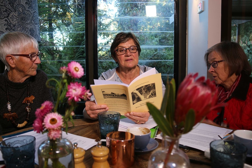 Rosslyn Williams reads a pamphlet at her dining table flanked by two other women.