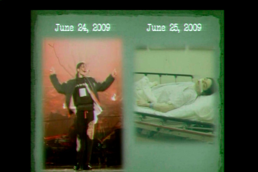 A video frame grab of two images of Michael Jackson
