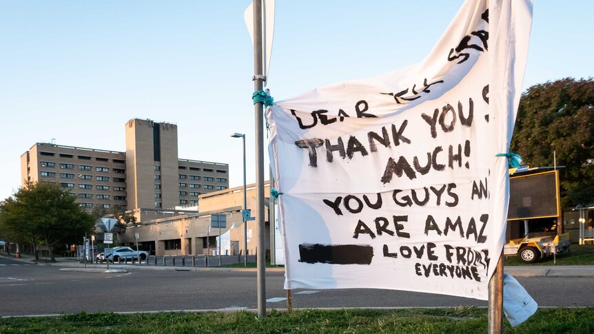Home-made banner outside the Canberra Hospital thanking staff