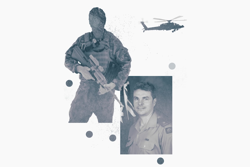A collage graphic depicting a solder in uniform holding a rifle, a photo of McBride in front of a flag, and a helicopter.