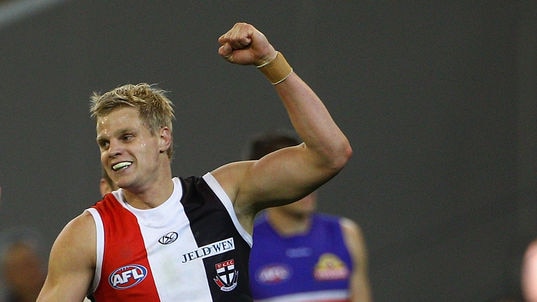 Saints salute...Nick Riewoldt led by example to help St Kilda trump the Bulldogs after half-time.