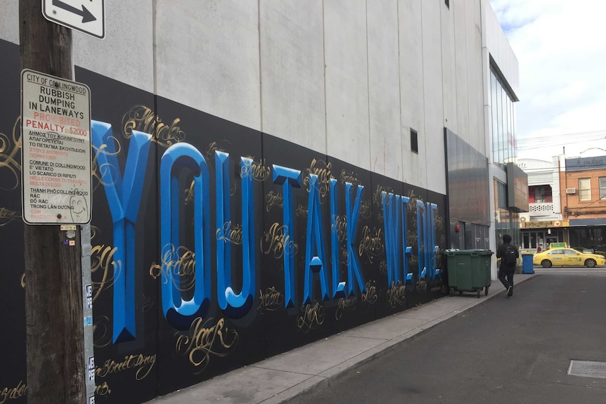 Laneway mural with the words 'You talk we die' in bold blue letters on a black background, surrounded by names painted in gold.
