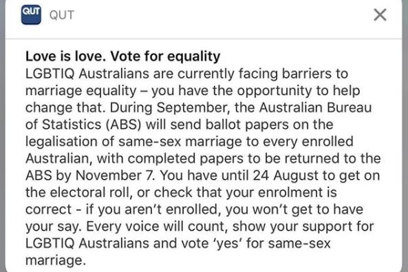 Message sent out from QUT app supporting same-sex marriage