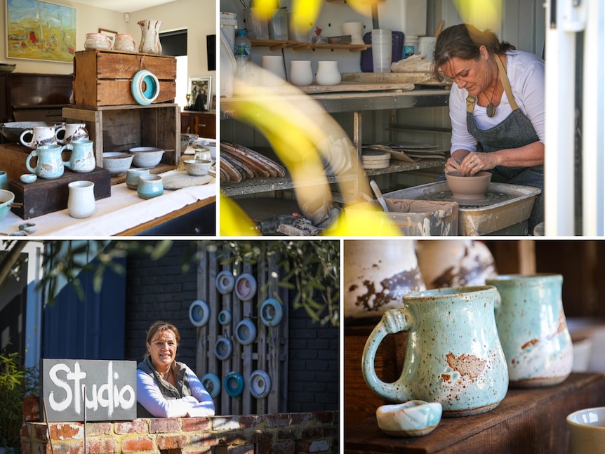 A collage of a woman creating pottery.