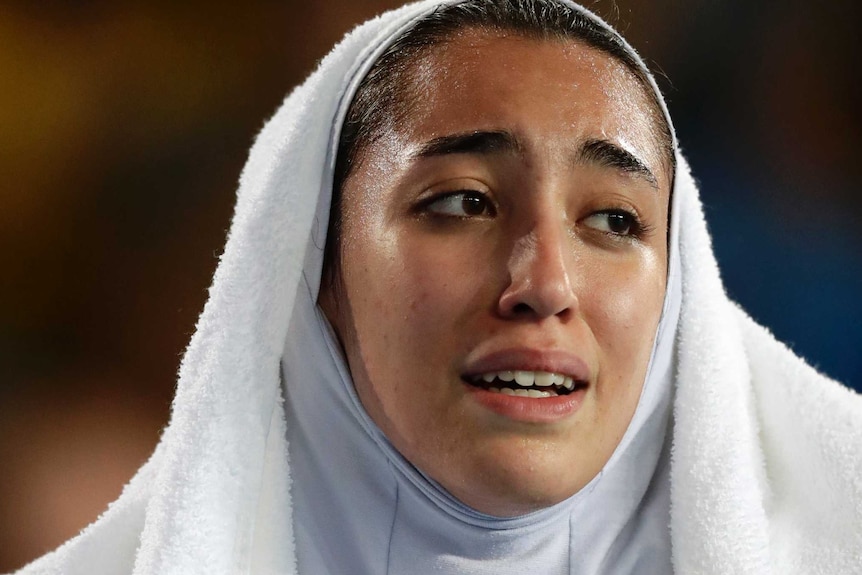 In this file photo from 2006, Kimia Alizadeh cries following a loss at the 2016 Summer Olympics in Rio.