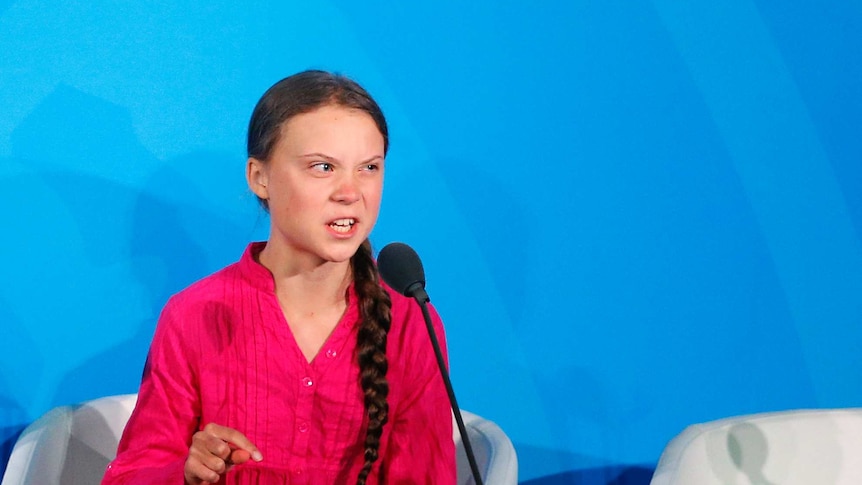 Environmental activist Greta Thunberg looks frustrated while speaking at the Climate Action Summit at the UN in New York.
