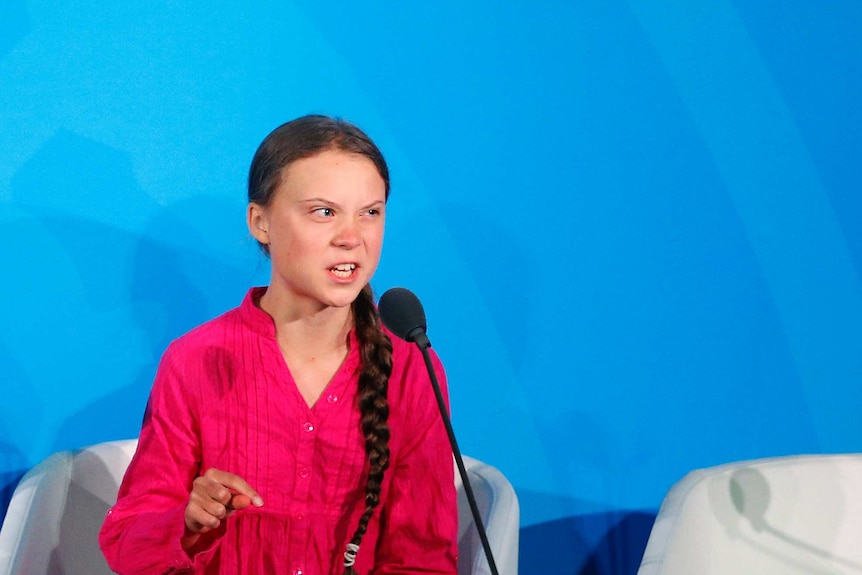 Greta Thunberg mid speech.