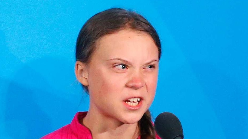 Greta Thunberg looks frustrated while speaking at the Climate Action Summit at the UN in New York.