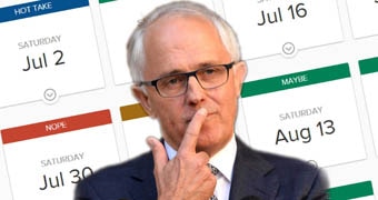 Prime Minister Malcolm Turnbull looks thoughtful with possible election dates behind him.