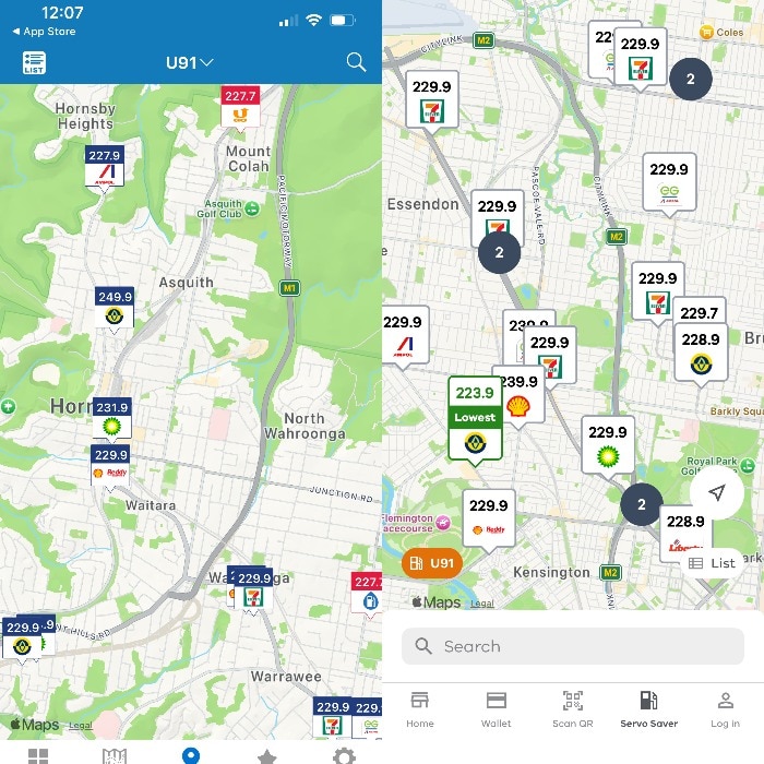 Una imagen compuesta que muestra dos aplicaciones de fijación de precios de combustible.