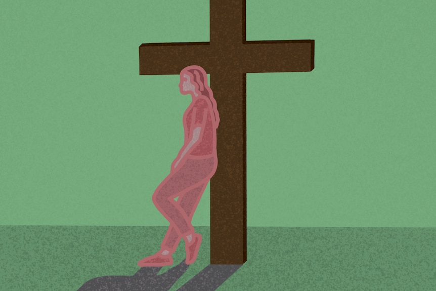 An illustration of a woman leaning against a large cross.
