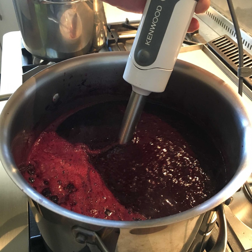 Mixing blueberries for jam