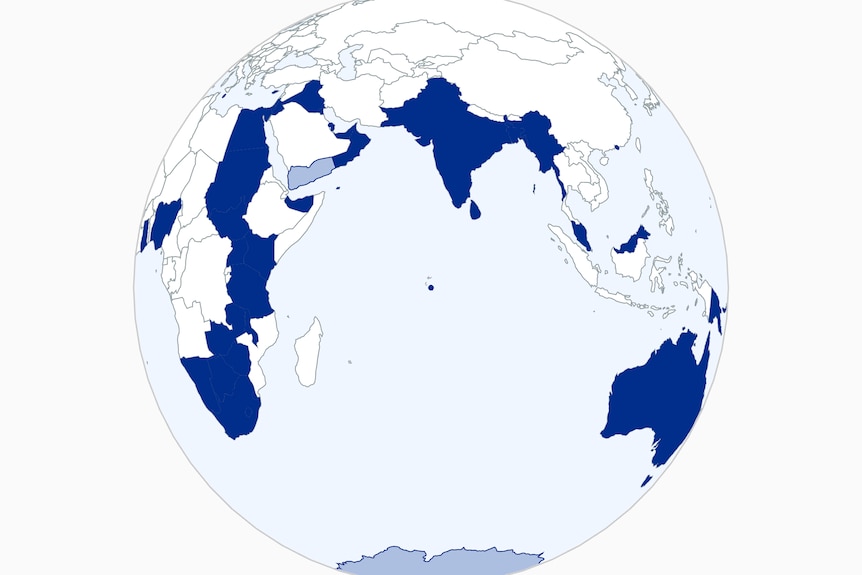 A globe highlights Australia and countries in Africa and Asia with a history of British rule