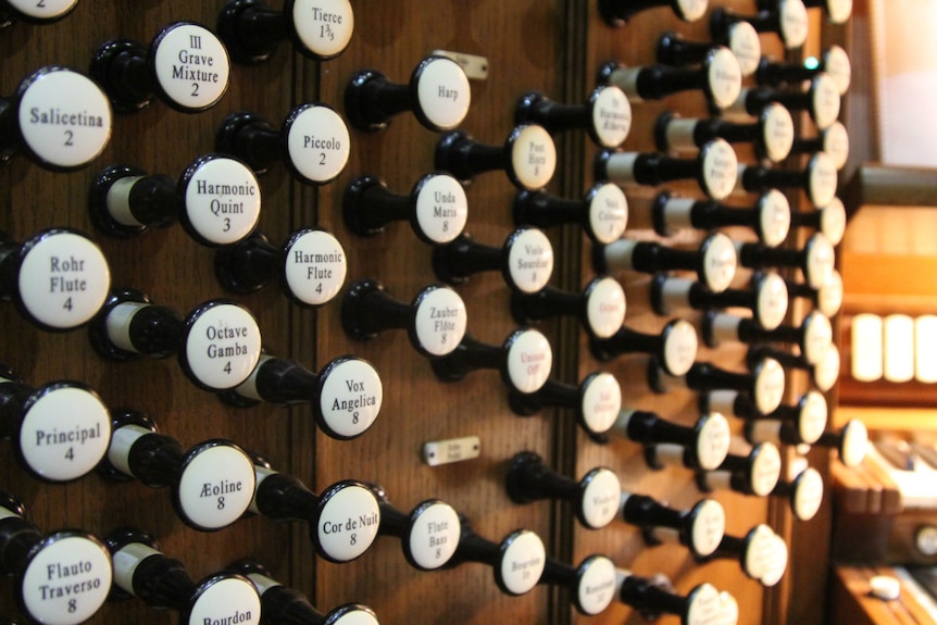 Black stops, each with a white label describing a different instrument, on the Melbourne Town Hall grand organ.