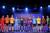 Captains from soccer teams line up for the cameras at the 2019-2020 A-League launch.