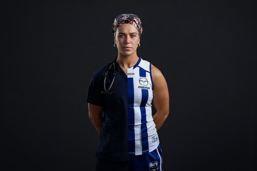 A woman athlete is photographed wearing two halves of her work: her playing uniform and her hospital uniform