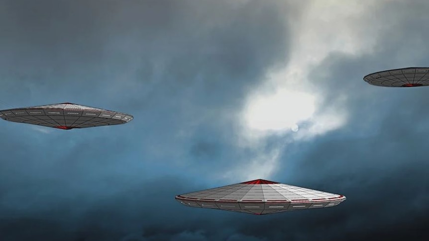 Piece of graphic artwork of UFOs against a dark sky 