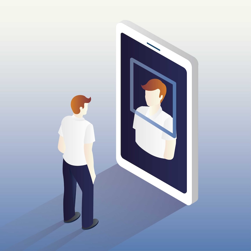 graphic of a man standing in front of a giant phone which recognises his face