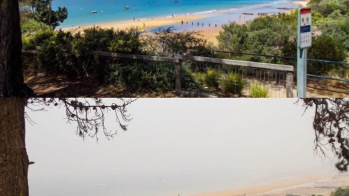 A composite image shows the impact of bushfire smoke at a Phillip Island beach.