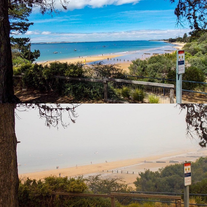 A composite image shows the impact of bushfire smoke at a Phillip Island beach.