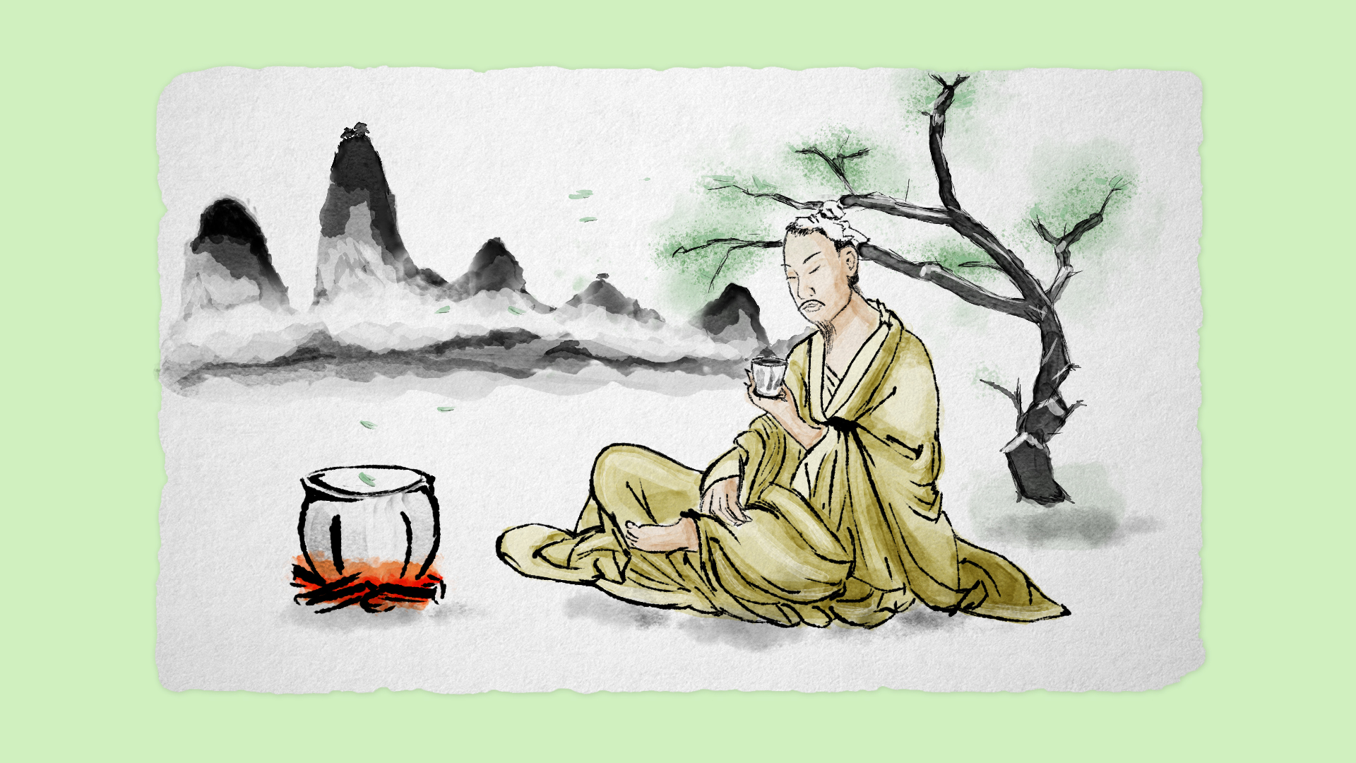 An illustration of a Chinese man drinking a cup of tea in ancient China.