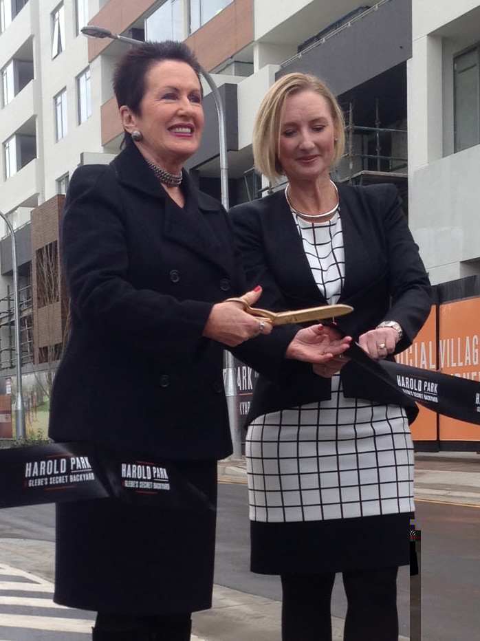 Sydney mayor Clover Moore and Mirvac CEO Susan Lloyd-Hurwitz opening Harold Park housing development.