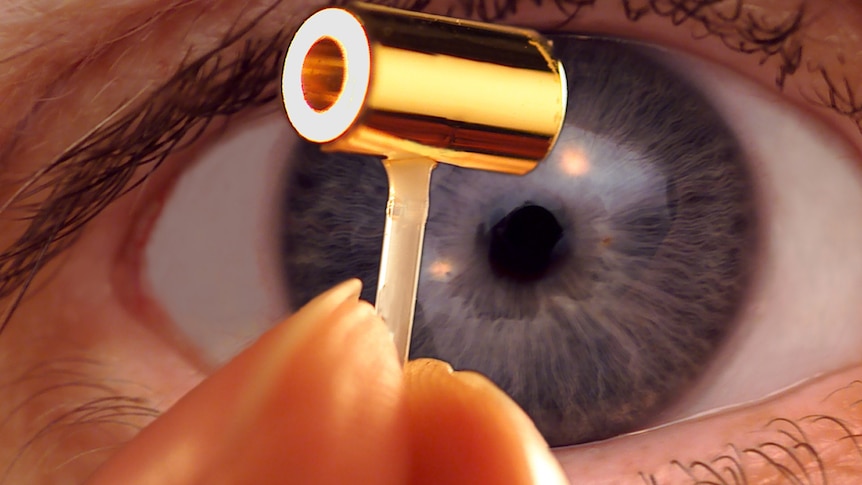 A small golden cylinder held up to a person's eye