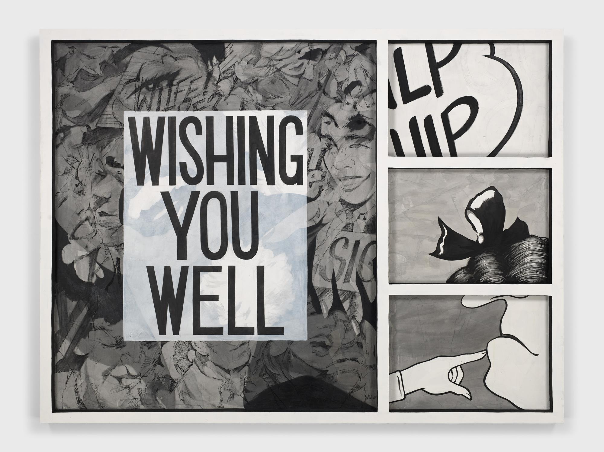 Charcoal drawing with text, wishing you well and four panels like a comic strip