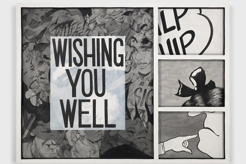 Charcoal drawing with text, wishing you well and four panels like a comic strip