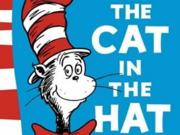 The cover of a book titled The Cat in The Hat  shows a cartoon cat in a striped top hat who grins and holds its hands together.