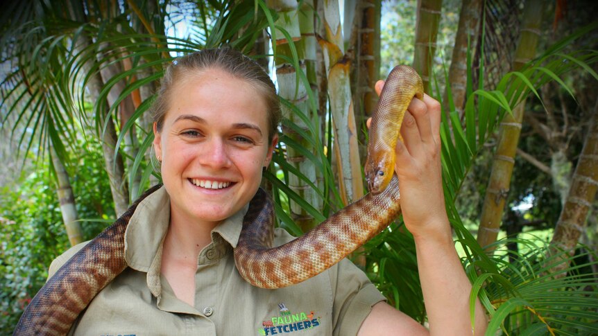 A girl in a khaki shirt holds up a brown and yellow python