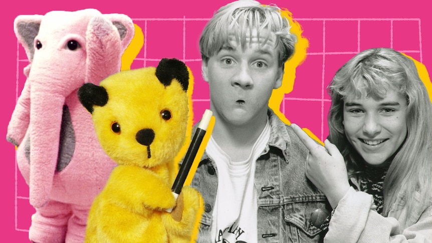 Pink, fluffy elephant, yellow bar hand puppy and black and white photo of teen boy (with tiny mouth) and girl