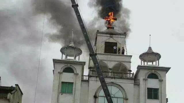 Church cross on fire in China