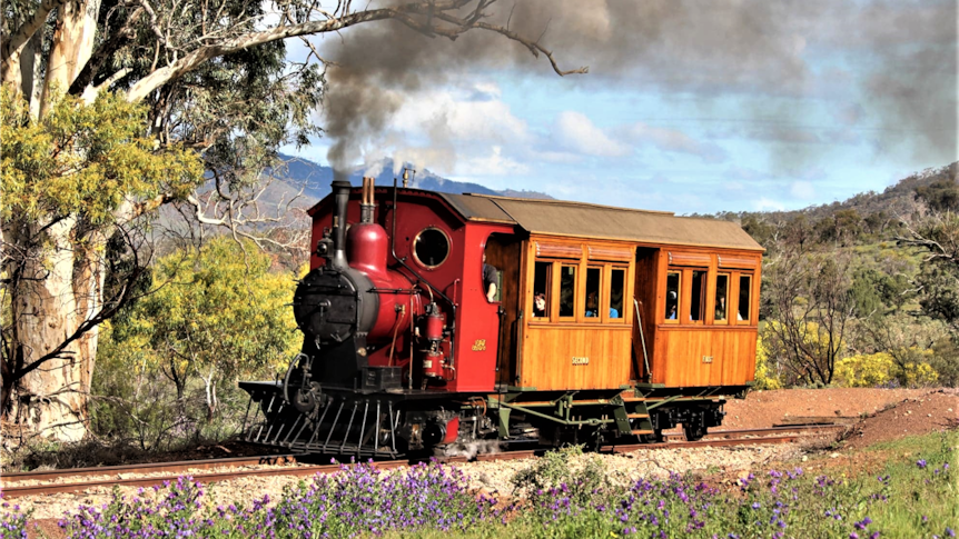 small red and orange historic train on trainline blowing smoke with large tree and hills in background
