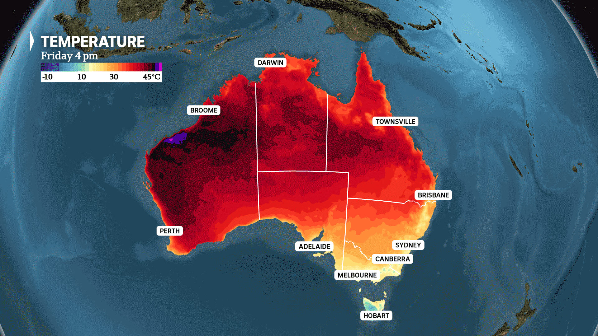 A colour-coded gif showing that most of the country is experiencing 30 degree-or higher temperatures.