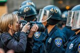 A photographer leans close to a line of police officers at a protest