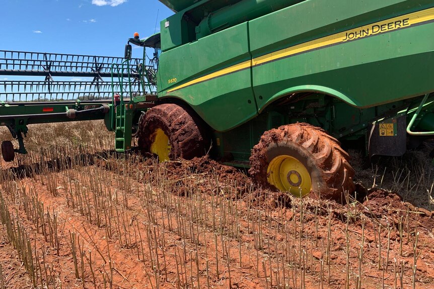 A John Deere harvester is bogged in a paddock