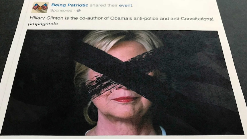 A Facebook post showing a "Down with Hillary" event, with a picture of Hillary Clinton crossed out in the thumbnail.