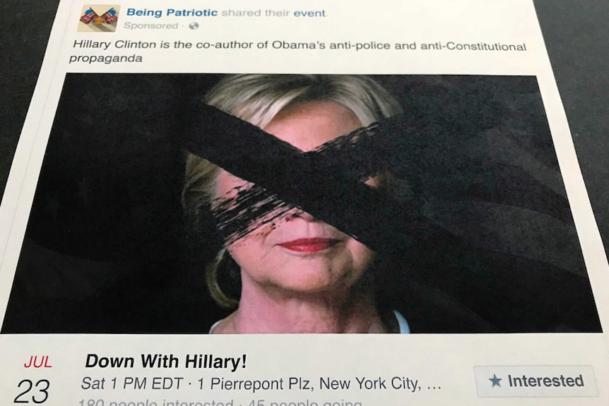 A Facebook post showing a "Down with Hillary" event, with a picture of Hillary Clinton crossed out in the thumbnail.