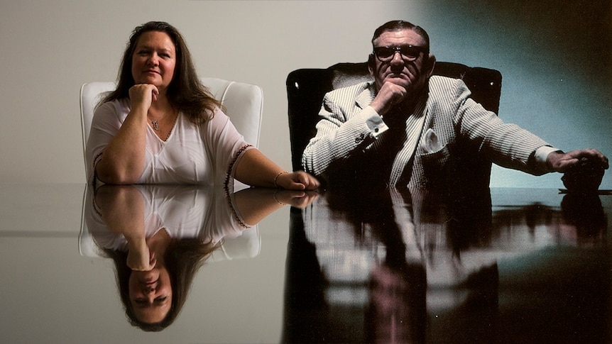 A woman sits next to a composite image of her father looking directly at the camera with chin resting on an arm. 