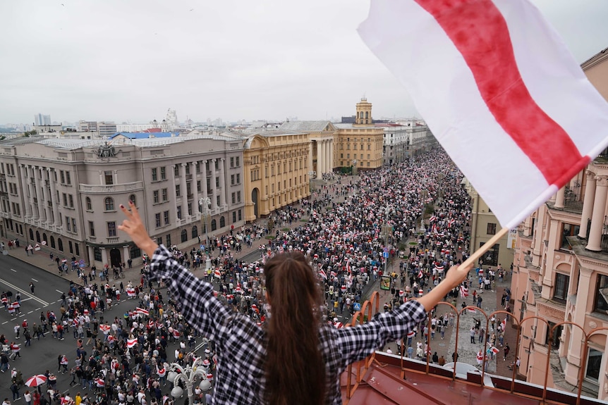 A woman holds a flag above protests.