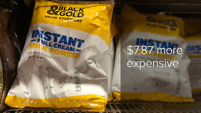 A packet of Black & Gold instant full cream milk powder on a Doomadgee supermarket shelf costs $13.57.